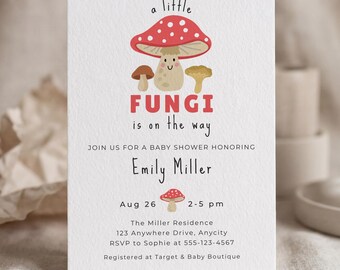 A Little Fungi Baby Shower Invitation, Mushroom Themed Woodland Invite (Editable Canva Template) #SH05