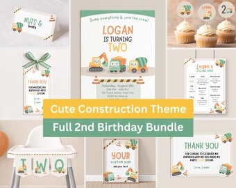 Construction Second Birthday Party Bundle, Dump Truck Theme Boy Birthday Package, Editable Templates #KP08