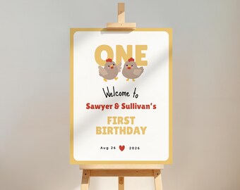 Twin Chicken 1st Birthday Welcome Sign, Double the Fun Entrance Poster (Editable Canva Template) #KP17