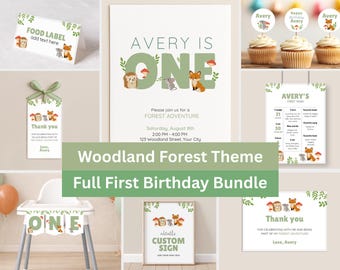 Woodland 1st Birthday Bundle Printable, Modern Forest Animal Party Decor,  Editable Canva Templates #KP06