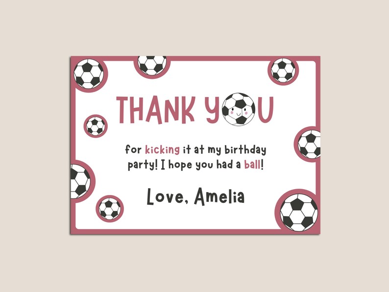 Pink Soccer Birthday Thank You Card Printable Girl Football Sports ...