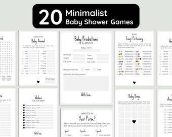 Minimalist Baby Shower Games Bundle, Gender Neutral Simple Black & White Activities (Editable Templates)
