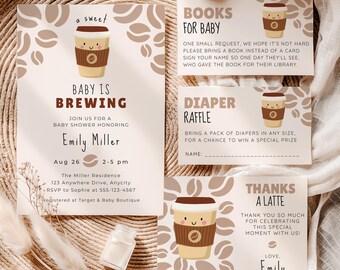 Baby is Brewing Baby Shower Invitation Set, Coffee Themed Invite Suite (Editable Templates) #SH06