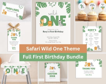 Wild One First Birthday Party Bundle, Safari Jungle Theme Birthday Package, Editable Templates #KP10