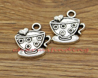 6 Cup and saucer teacup charms antique silver tone FD350