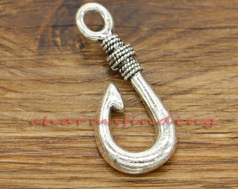 4 Fish Hook Charms Antique Silver Tone 2 Sided SC7195