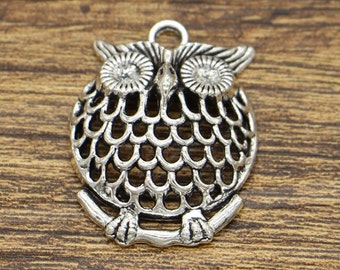 1 Owl blue pendant antique silver tone B339