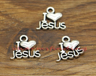 15pcs I Love Jesus Charms Connectors Religious Charms Antique Silver Tone 27x17mm cf3145