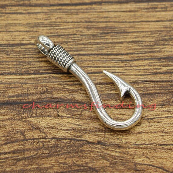 20pcs Large Fish Hook Charms Antique Silver Tone 36x13x7mm Cf0432