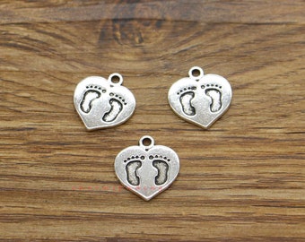 30pcs Heart Baby Feet Charms Baby Charm Antique Silver Tone 14x15mm cf3859