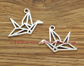 20pcs Crane Charm 3D Origami Bird Charms Antique Silver Tone 30x23mm cf3305