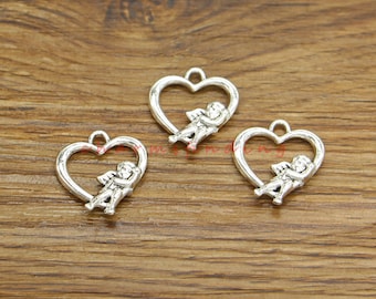 25pcs Angel Heart Charms Cherub Charm Antique Silver Tone 18x20mm cf4378