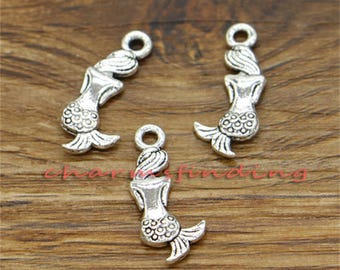 50 piezas de dijes de sirena de 2 lados, dijes de la Sirenita del océano, tono plateado antiguo, 17 x 8 mm, cf0318