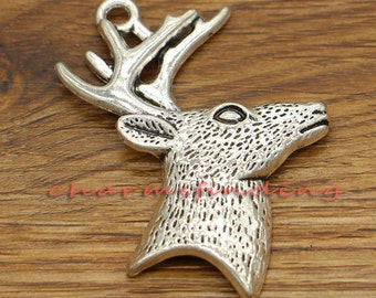 2pcs Reindeer Deer Head Charms Animal Charms Antique Silver Tone 44x52mm cf1456