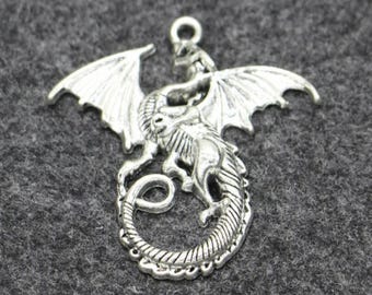 Conjunto de 5 pingentes grandes de dragão, amuletos de animais míticos, prata antiga, 46 x 43 mm cf2529