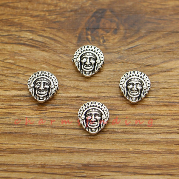 20pcs Indian Chief Head Beads Native American Tribes Antique Silver Tone 11x11x5 1mm hole size approx cf3642