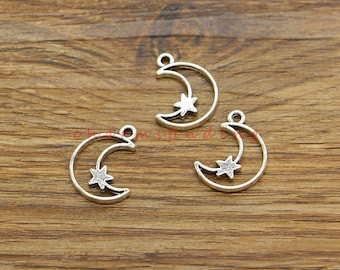 50pcs Maan en Star Charms 2 zijdige Bulk Charm Kleine Charms Hangers Antiek Zilver Tone 15x19mm cf4516