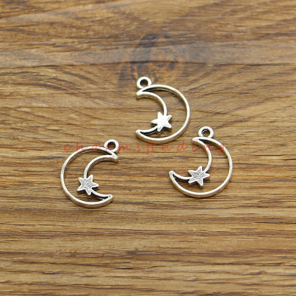 50pcs Moon and Star Charms 2 Sided Bulk Charm Small Charms Pendants Antique Silver Tone 15x19mm cf4516