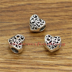20pcs Silver Metal Heart Beads Large Hole European Bead Spacers Antique Silver Tone Beads 10x10x8mm cf2506