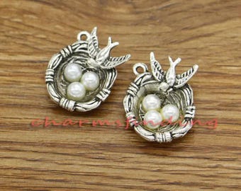10 breloques nid d'oiseau fausses perles nature argent antique 24 x 19 mm cf1600