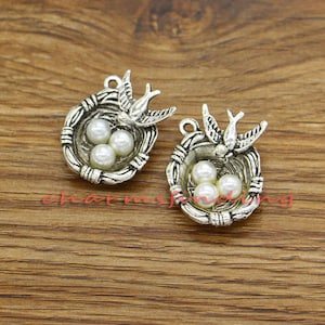 10pcs Bird NestCharms Faux Pearl Nature Charm Antique Silver Tone 24x19mm cf1600