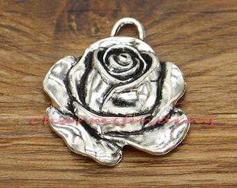 5pcs Large Flower Charms Pendants Rose Charms Antique Silver Tone 32x36mm cf2580