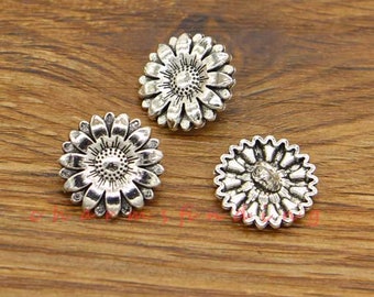 20pcs Metal Sunflower Buttons, Floral Flower Button Great for Leather Wrap Clasps Clothing and more Antique Silver Tone 18x18mm cf3746