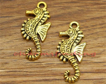 50pcs Sea Horse Charms Seahorse Beach Charms Antique Gold Tone 12x29mm cf2242
