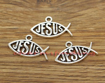 20pcs Religious Charms Jesus Fish Charm Antique Silver Tone 30x17mm cf3382