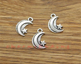 50pcs Moon and Star Charms Celestial Charms Antique Silver Tone 11x17mm cf3476