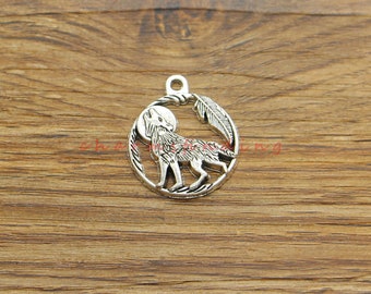 15pcs Wolf Charms Animal Round Charm Antique Silver Tone 21x25mm cf4359