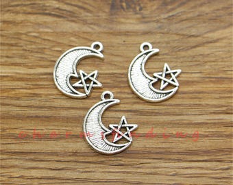 50pcs Moon and Star Charms Celestial Charms Antique Silver Tone 16x20mm cf3621