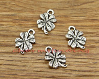 50pcs Clover Charm Good Luck 4 Leaf Clover Charm Antique Silver Tone 11x17mm cf3133