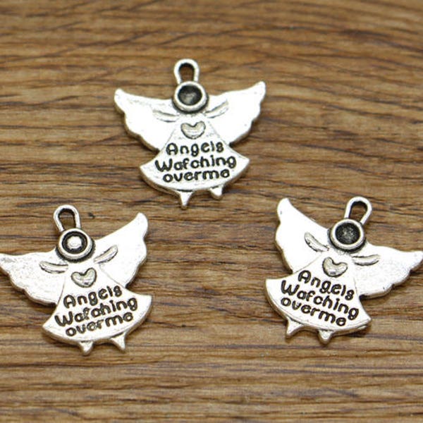 20pcs Angel Charms Angels Watching Over Me Word Charms Double Sided Antique Silver Tone 20x20mm cf2509