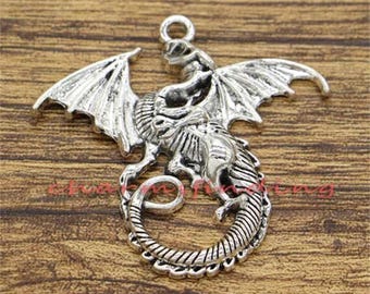 5pcs Large Dragon Charms Pendants Animal Charms Mythical Antique Silver Tone 43x46mm cf2529