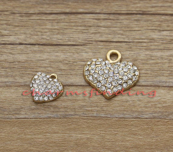 Gold Heart Charms Love Valentine Wedding Engagement Charms Rhinestones Charms 12x12mm and 18x19mm cf1082