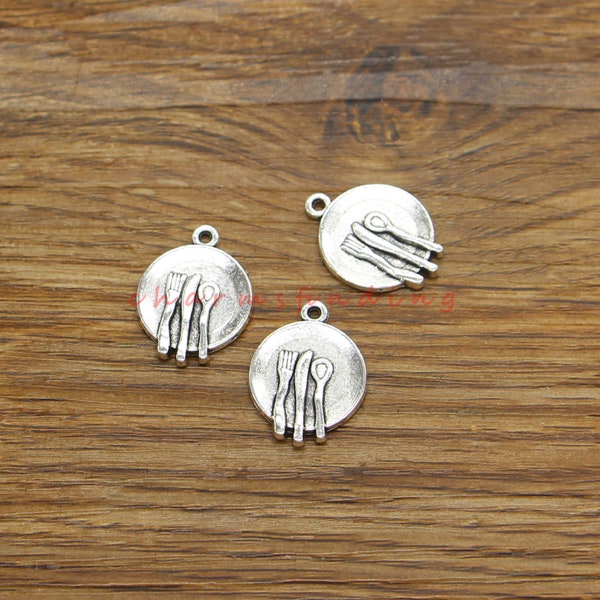 25pcs Dish Plate with Knife Fork Spoon Charms Pendants Cutlery Kitchen Charm Antique Silver Tone 15x20mm cf4439