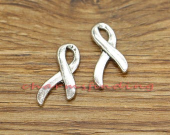 30pcs Breast Cancer Ribbon Charms Awareness Ribbon Anticancer Antique Silver Tone 13x25mm cf3170