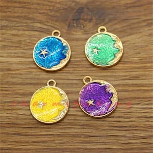 10pcs Crescent Moon Charms Pendants Moon and Star Disc Charms Gold Plated Enamel Charms Antique Silver Tone 22x27mm cf3706