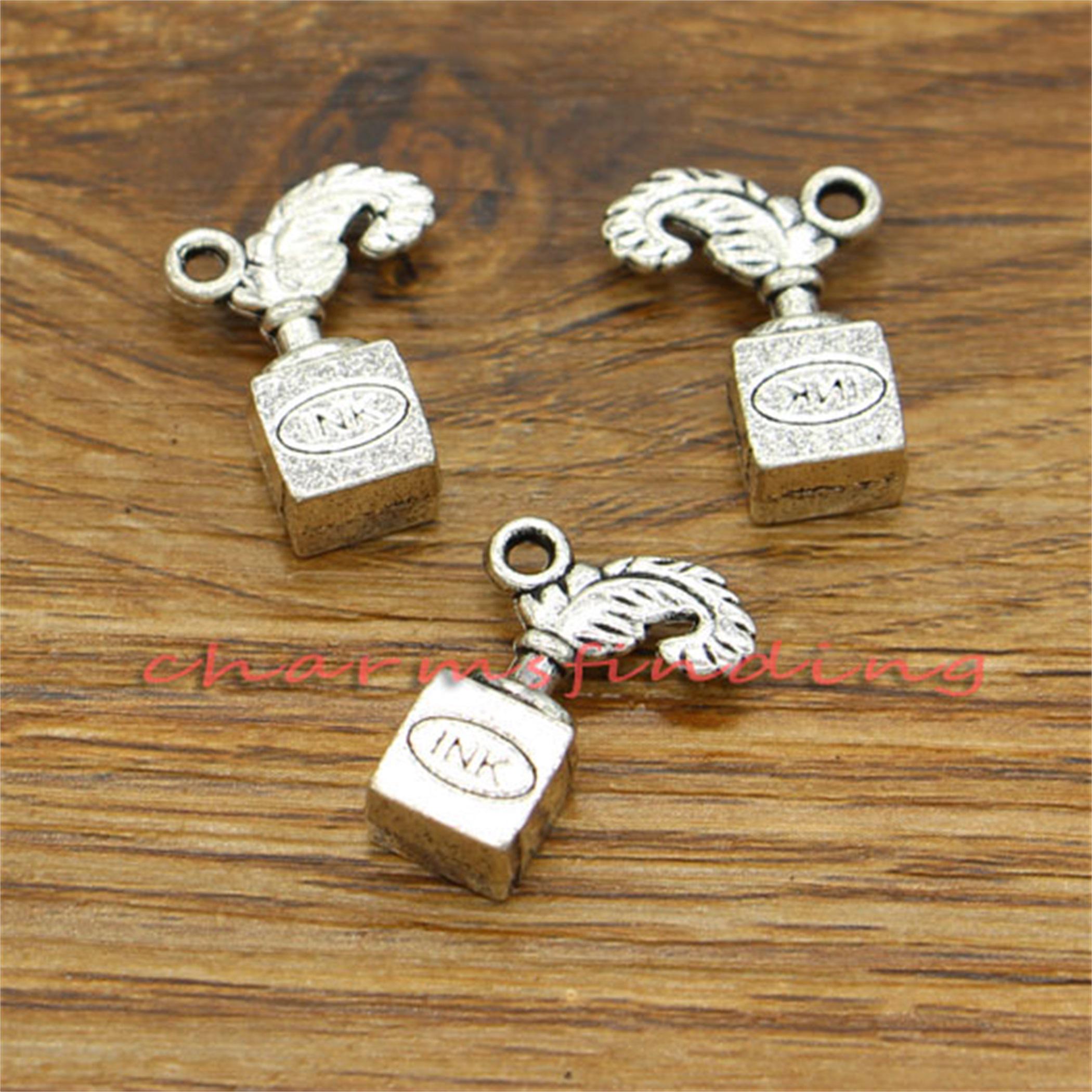 15pcs Pen Charms Quill and Ink Bottle Charms Antique Silver Tone 3D ...