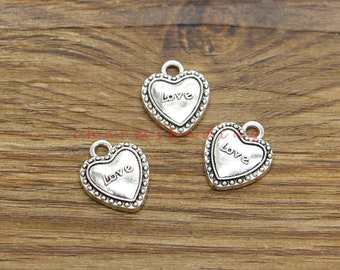 30pcs Love Heart Charm Valentine Word Wedding Charms Antique Silver Tone 13x16mm cf4636