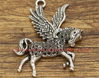 5 stuks Pegasus-bedels groot formaat antiekzilverkleur 52 x 43 mm cf0562