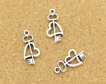 25pcs Heart Key Charms Key to My Heart Charms Antique Silver Tone 23x13mm cf0576