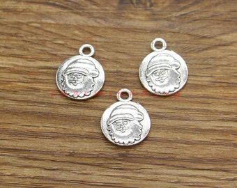 25pcs Santa Charms Christmas Holiday Round Charm Antique Silver Tone 14x17mm cf4293