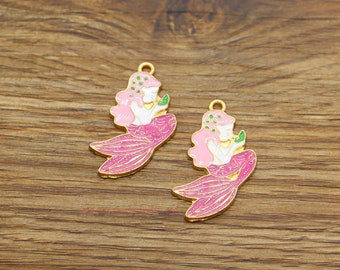 10pcs Mermaid Charms Ocean Charms Gold Plated Tone Enamel Charms 20x31mm cf4046