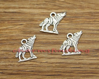 50pcs breloques loup hurlant loup charme ton argent antique 16x15mm cf3431