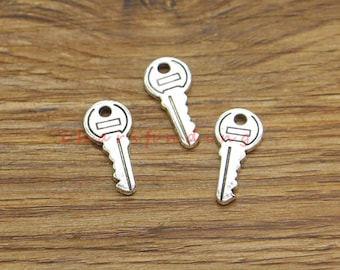 40pcs Key Charms Lock and Key Double Sided Charms Antique Silver Tone 9x19mm cf4233