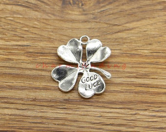 10pcs Large Four Leaf Clover Good Luck Charm Pendant Antique Silver Tone 26x28mm cf4447
