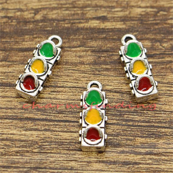 10pcs Traffic Light Charms Enamel Colorful Charms Antique Silver Tone 8x20mm cf2802