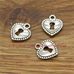 50pcs Heart Lock Charms 2 Sided Charms Antique Silver Tone 14x16mm cf0223